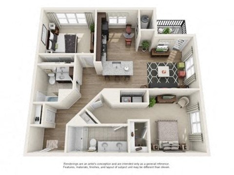 Floor plan for 2 beds, 2 baths, 1135 sqft
